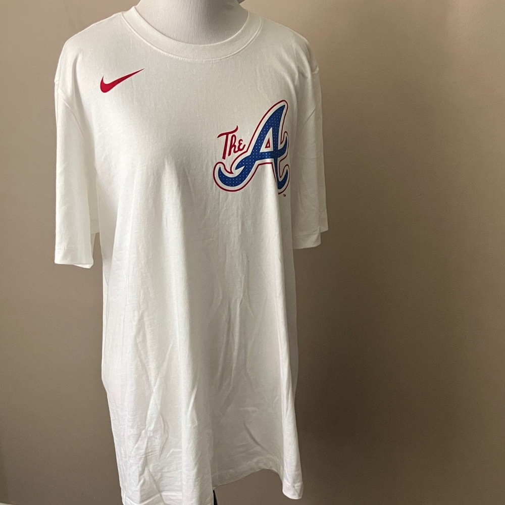 New Nike White Unisex Tee with Red Swoosh and Blue 'A' Atlanta Logo